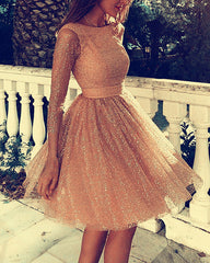 Sparkle Tulle Sequin Backless Homecoming Dresses With Sleeves