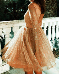 Sparkle Tulle Sequin Backless Homecoming Dresses With Sleeves