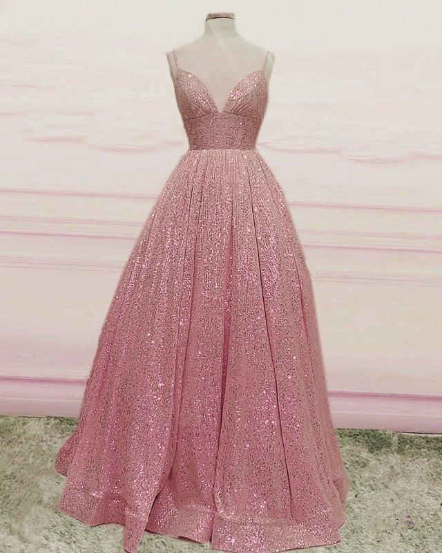 Sequins Prom Dresses Ball Gown Plunge Neck Spaghetti Straps - RongMoon
