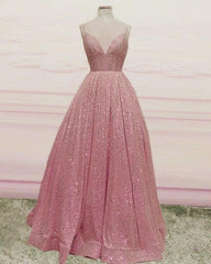 Sequins Prom Dresses Ball Gown Plunge Neck Spaghetti Straps - RongMoon