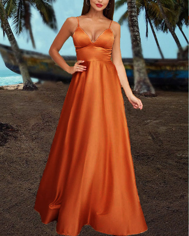 Sexy Long Satin V Neck Empire Dresses Spaghetti Straps