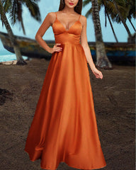 Sexy Long Satin V Neck Empire Dresses Spaghetti Straps