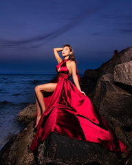 Long Satin Halter Prom Dresses Leg Split