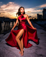 Long Satin Halter Prom Dresses Leg Split