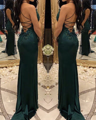 Open Back Satin Mermaid Prom Dresses Lace Appliques