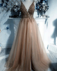 Sexy V Neck Split Tulle Long Beaded Dresses