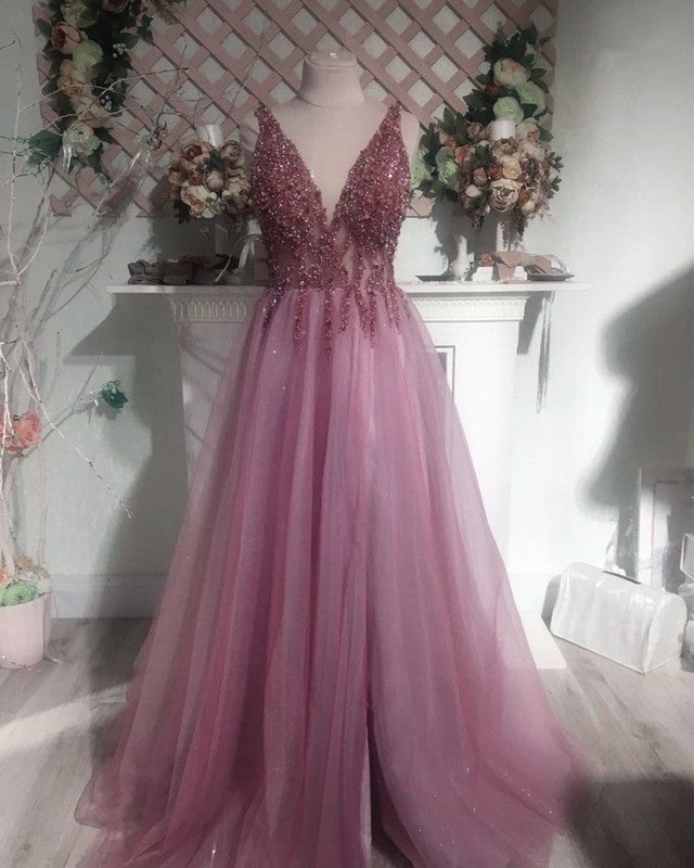 Sexy V Neck Split Tulle Long Beaded Dresses