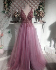 Sexy V Neck Split Tulle Long Beaded Dresses
