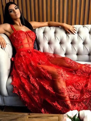 See Through A Line Red Lace Long Prom Dress