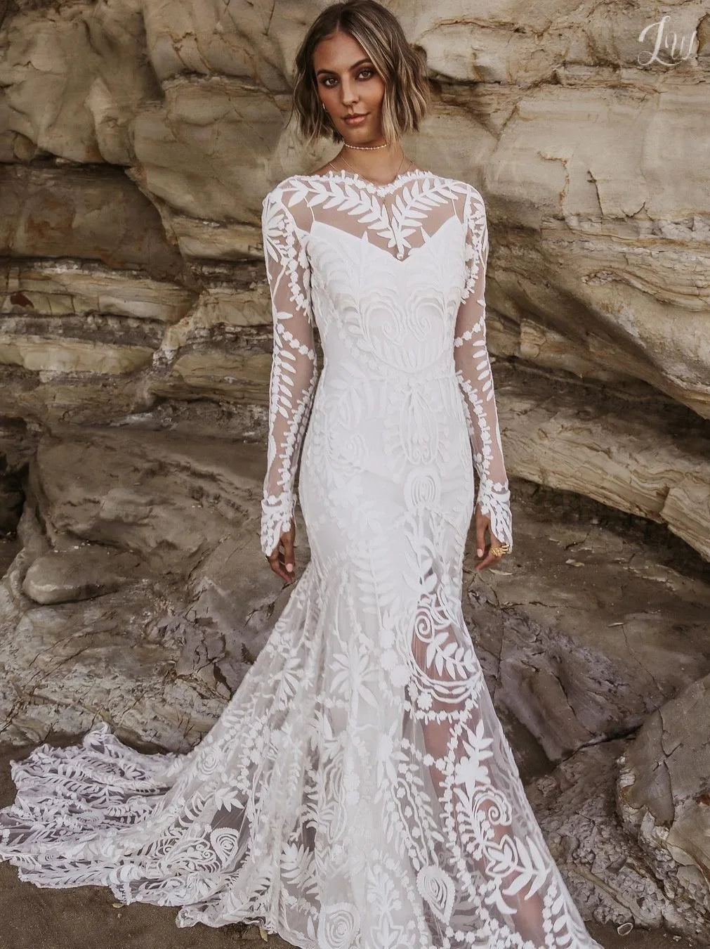 Long Sleeve White Sheer Embroidered Wedding Dress