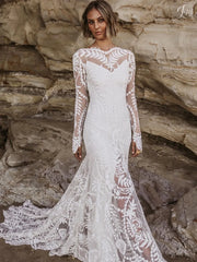Long Sleeve White Sheer Embroidered Wedding Dress