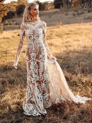 Long Sleeve White Sheer Embroidered Wedding Dress