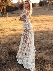 Long Sleeve White Sheer Embroidered Wedding Dress