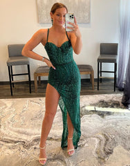 Sheath Spaghetti Straps Green Sequin Long Prom Dress