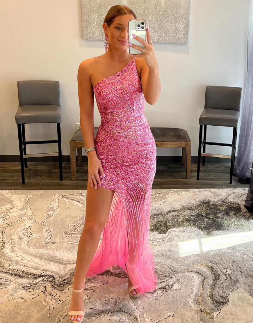 One Shoulder Sequin Pink Sheath Prom Dress With Split