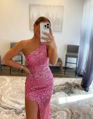 One Shoulder Sequin Pink Sheath Prom Dress With Split