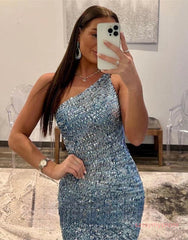 One Shoulder Sequin Pink Sheath Prom Dress With Split