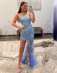 One Shoulder Sequin Pink Sheath Prom Dress With Split