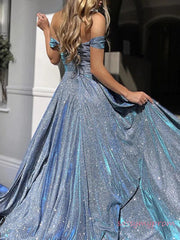 Off Shoulder Blue Sequin Slit Prom Dress