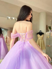 Purple Off The Shoulder Pleats A Line Tulle Prom Dress