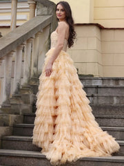 Layered Sparkle Strapless Champagne Tulle Prom Dress