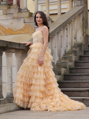 Layered Sparkle Strapless Champagne Tulle Prom Dress