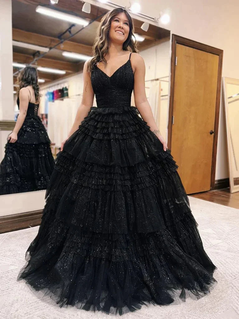 Open Back Black Tulle Backless Prom Dres