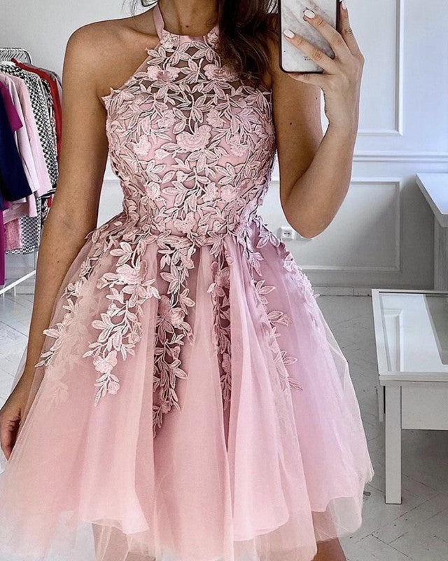Short Tulle Prom Dresses Appliques Halter