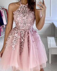 Short Tulle Prom Dresses Appliques Halter