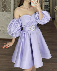 Short Satin Homecoming Dresses Ruffles Puffy Sleeves