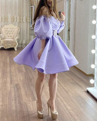 Short Satin Homecoming Dresses Ruffles Puffy Sleeves