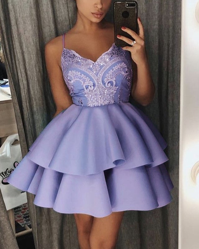 Short Satin Ruffles Dresses V Neck Appliques