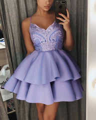 Short Satin Ruffles Dresses V Neck Appliques