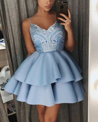 Short Satin Ruffles Dresses V Neck Appliques