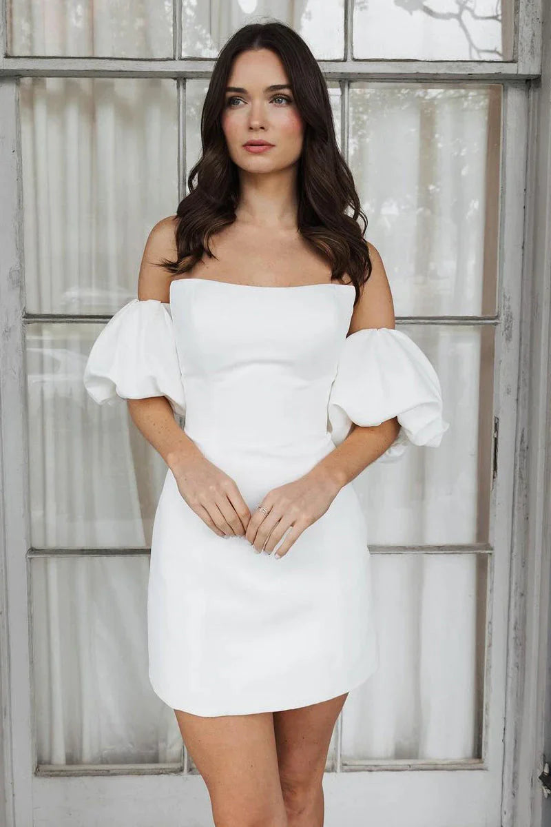 Strapless Bubble Sleeves Satin White Short Wedding Dress