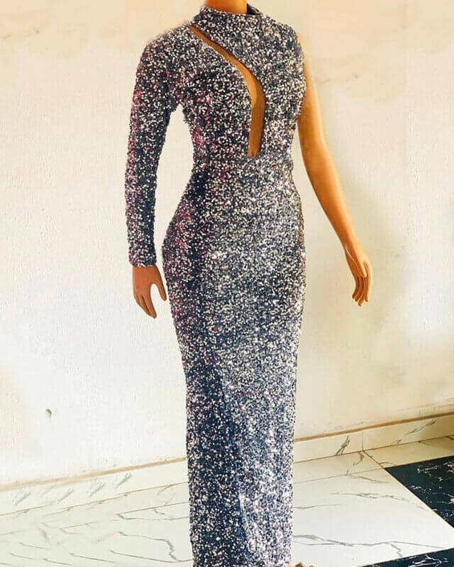 Silver Mermaid Sequin Prom Dresses One Shoulder