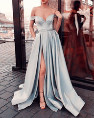 Sexy V-neck Off The Shoulder Long Satin Leg Split Evening Gowns