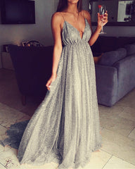 Long Sequins Prom Dresses Open Back Plunge Evening Gown