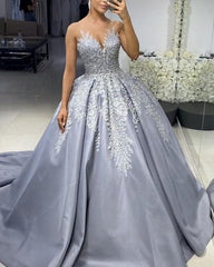 Silver Wedding Dress Satin Ball Gown Lace Embroidery - RongMoon
