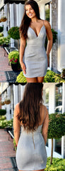 Silver Sparkly Satin Spaghetti Strap Sheath Homecoming Dresses,BD0198
