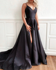 Simple Long Satin Slit Prom Dresses With Straps