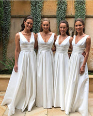 Simple Satin V Neck Floor Length Bridesmaid Dresses