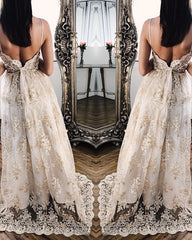 Stylish V Neck Spaghetti Straps Wedding Lace Dresses For Bride