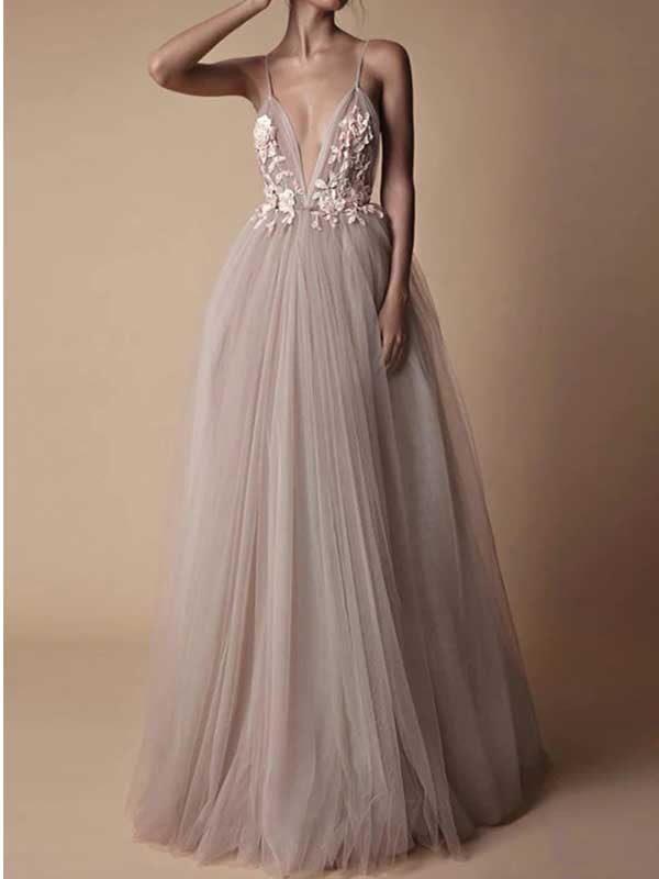 Sexy Spaghetti Straps Deep V-neck Tulle Wedding Dress, WD0456