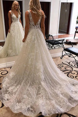 A Line Deep V-Neck Sparkly Tulle Wedding Dress