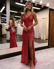 Sheath Column Sequin Long Orange Prom Dress With Slit