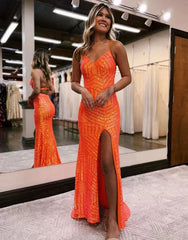 Sheath Column Sequin Long Orange Prom Dress With Slit