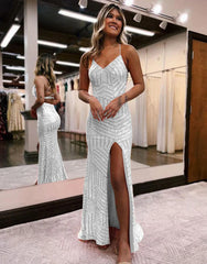 Sheath Column Sequin Long Orange Prom Dress With Slit