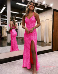 Sheath Column Sequin Long Orange Prom Dress With Slit