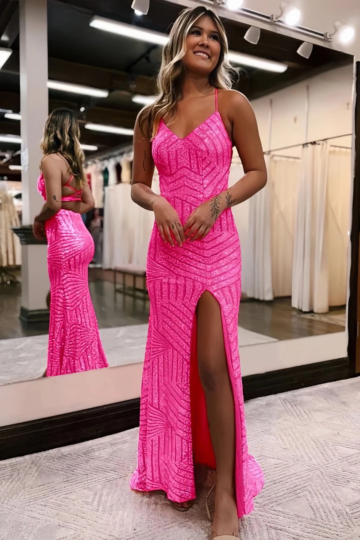 Glittering Orange Sequin Prom Dress with Leg Slit